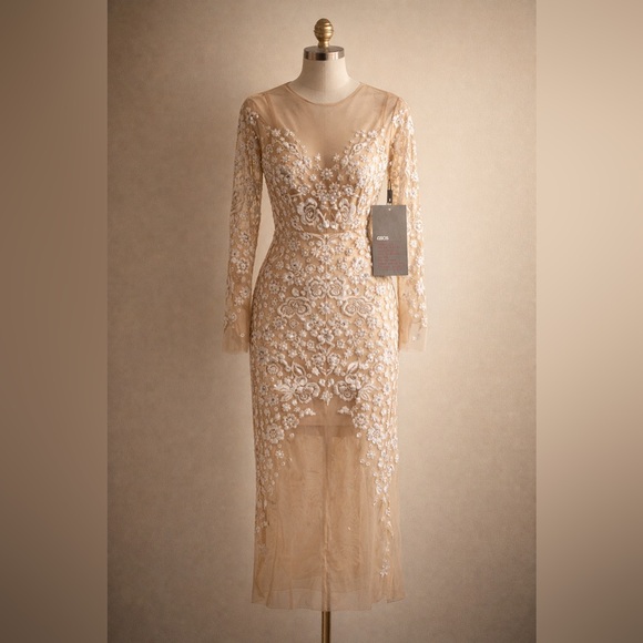 NWT ASOS Lace Sheer Sheath Dress  Long sleeve Nude Illusion Gown, Size 4 -  threedaughtersproperties.com